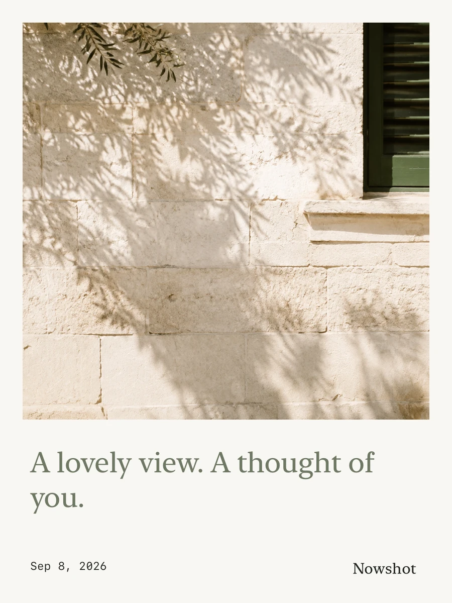 A postcard made in Nowshot, with a tree-shadow photo and a personal message