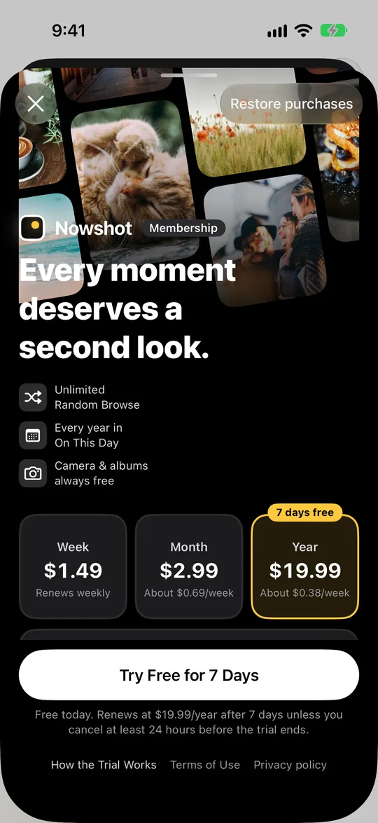 Membership page with weekly, monthly and yearly plans, the yearly plan free for the first 7 days, and lifetime below