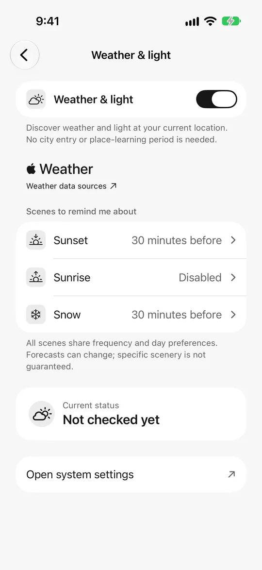 Weather and light settings: sunset reminder 30 minutes before, snow reminder on