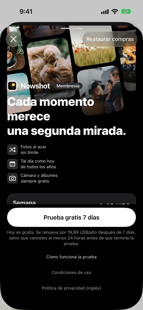 Página de membresía con planes semanal, mensual y anual, el anual gratis los primeros 7 días, y de por vida debajo