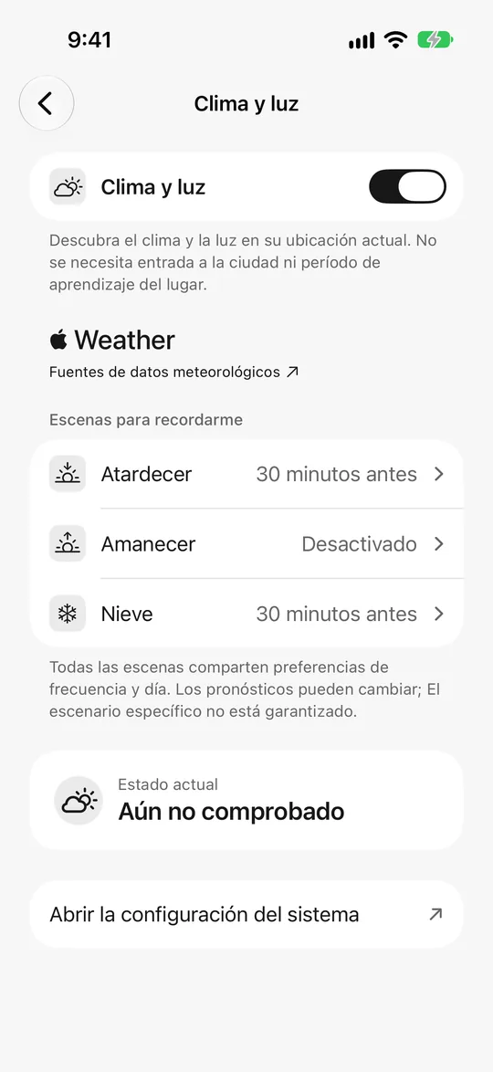 Ajustes de «Tiempo y luz»: atardecer 30 minutos antes, recordatorio de nieve activado