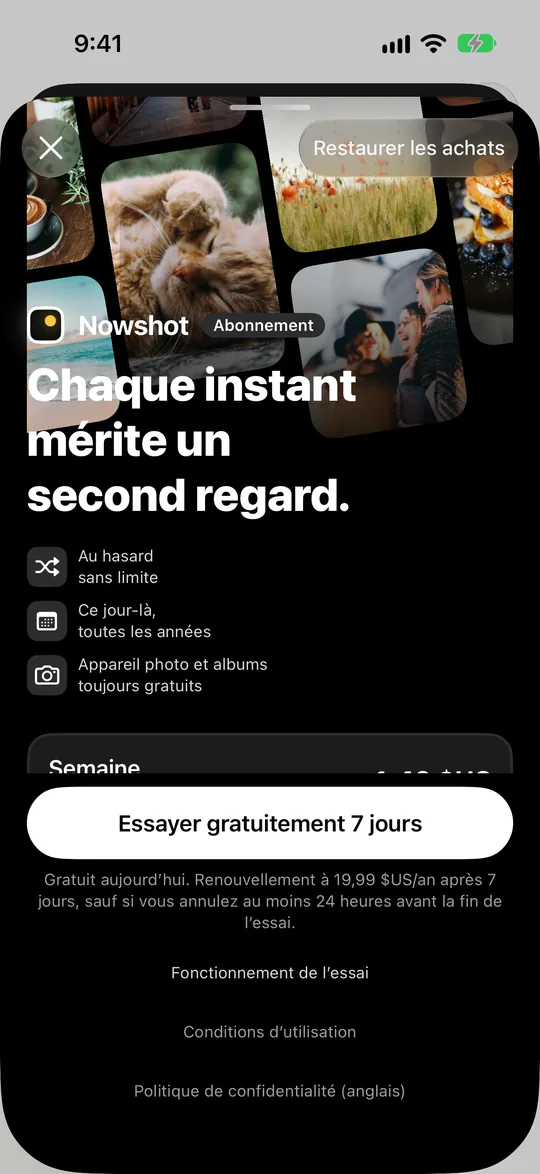 Page d’abonnement avec les formules hebdomadaire, mensuelle et annuelle, l’annuelle gratuite les 7 premiers jours, et l’achat à vie en dessous