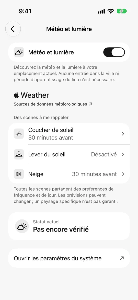 Réglages météo et lumière : rappel 30 minutes avant le coucher du soleil, rappel neige activé