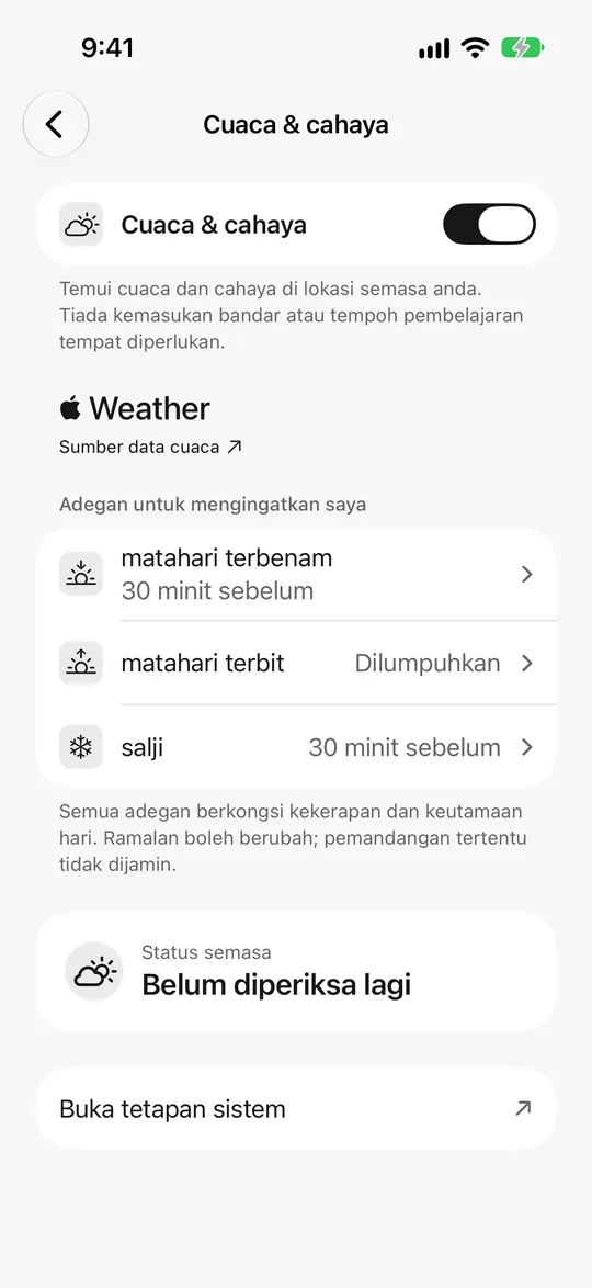 Seting cuaca dan cahaya: peringatan matahari terbenam 30 minit sebelum, peringatan salji aktif