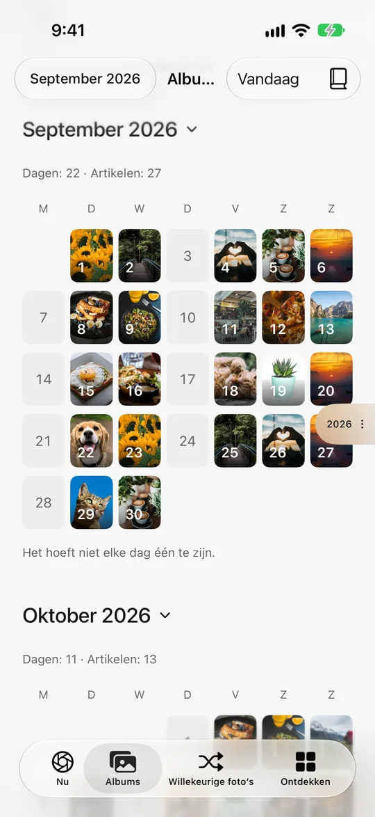 Fotokalender: op de meeste dagen van vorige maand staat een foto