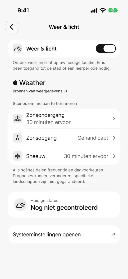 Instellingen voor weer en licht: zonsondergang 30 minuten van tevoren, sneeuwherinnering aan