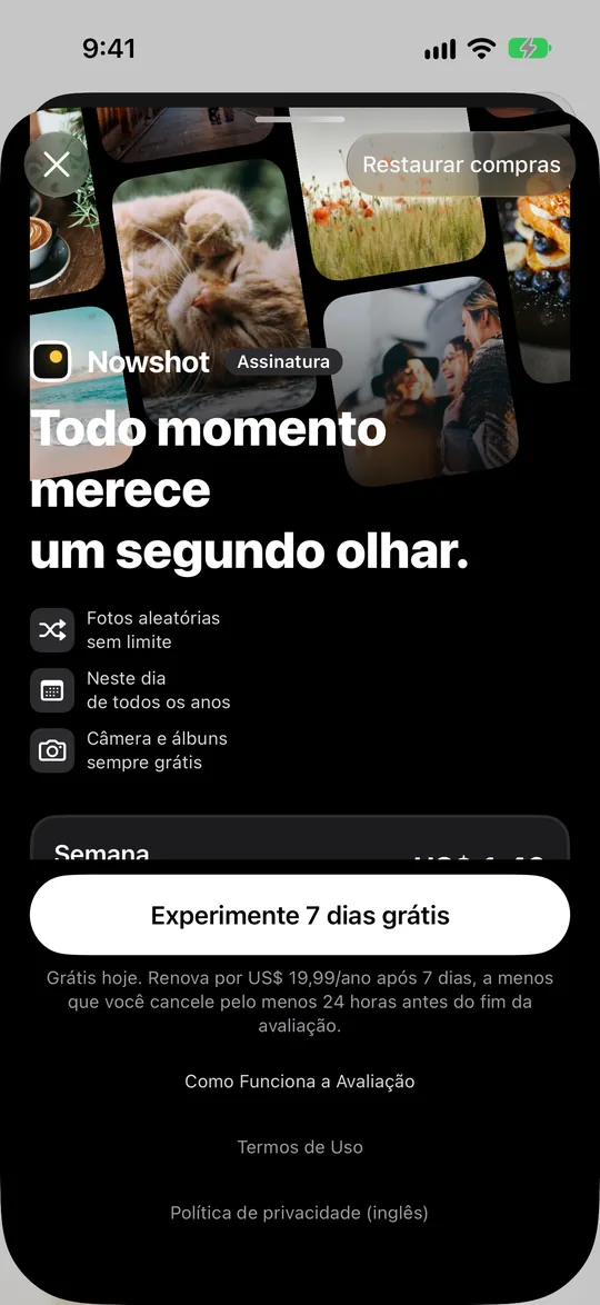 Página de assinatura com planos semanal, mensal e anual, o anual grátis nos primeiros 7 dias, e o vitalício abaixo