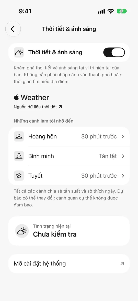 Cài đặt thời tiết và ánh sáng: hoàng hôn trước 30 phút, nhắc tuyết đang bật