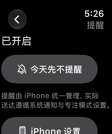 今天,也可以安静一点 — 查看提醒状态,或选择今天先不提醒。操作需经 iPhone 确认后才显示完成。